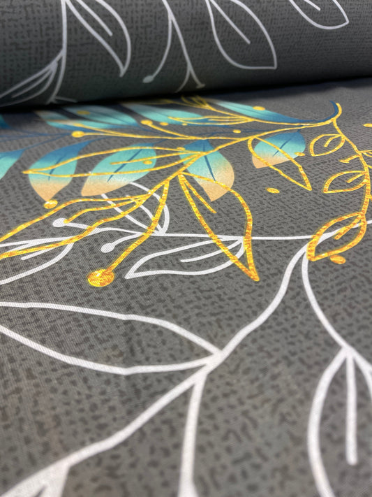 100% Kokvilnas audums - lapas uz pelēka fona 220cm 146 g/m²