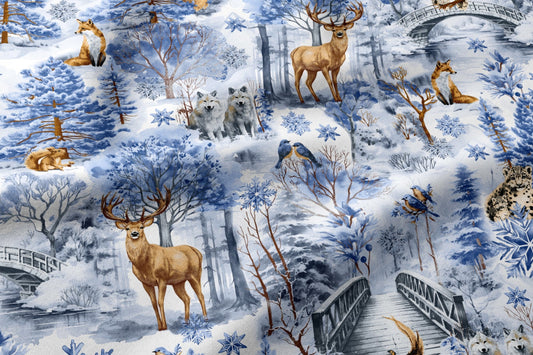 Attēls ar 100% Kokvilnas audums - mežs ziemā 125 g/m (drīzumā gaidāms) – pieejams Šarlotes audumi