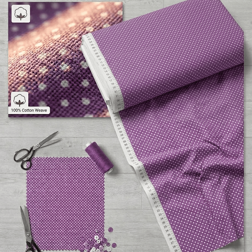 Attēls ar 100% Kokvilnas audums - punktiņi Ø2 mm uz lillā 125 g/m²(drīzumā) – pieejams Šarlotes audumi