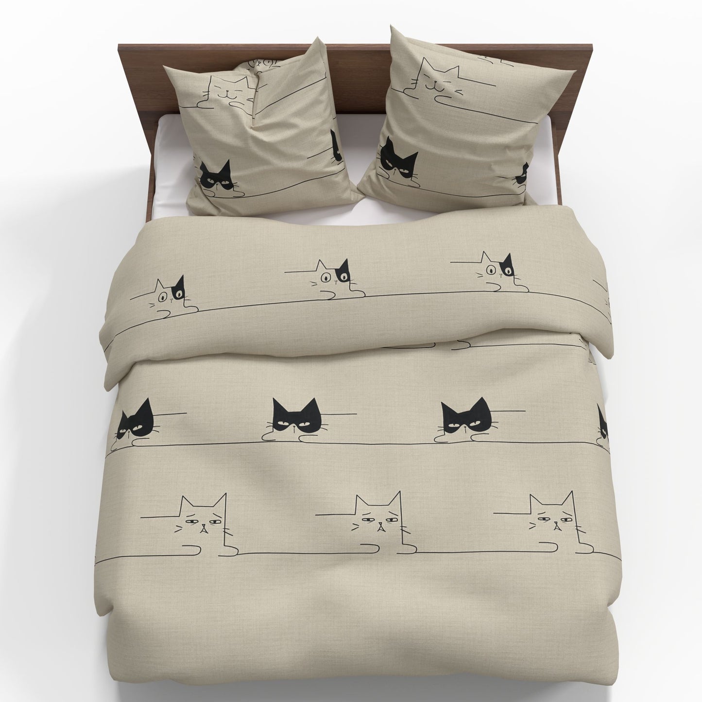 Image of 100% cotton fabric in beige with cat designs, 220 cm – available online at Šarlotes audumi