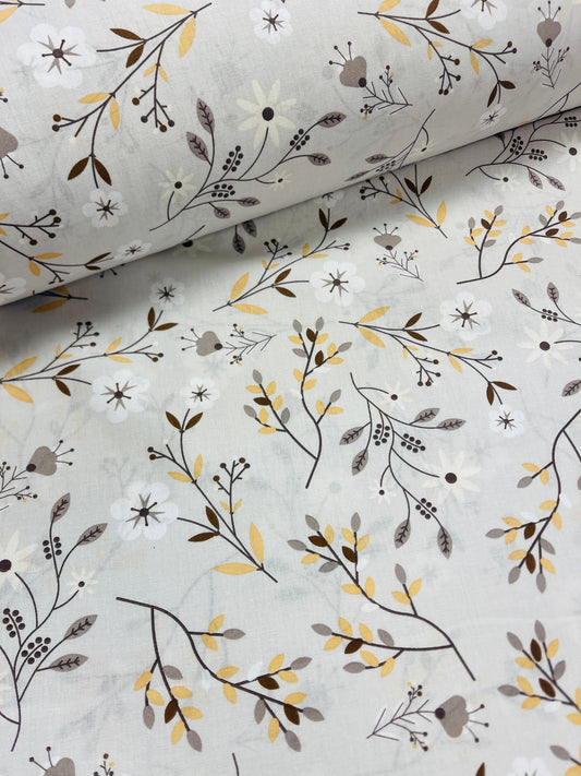 100% Kokvilnas audums - ziedu un lapu motīvs pelēka 125 g/m²