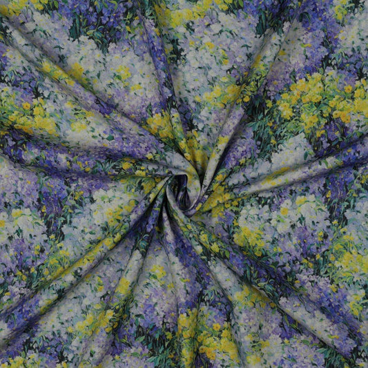 Attēls ar 100% Viskozes audums - ceriņi un mimozas 135 g/m² – pieejams Šarlotes audumi