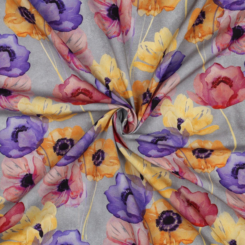 Attēls ar 100% Viskozes audums - krāsainas magones uz pelēka fona 135 g/m² – pieejams Šarlotes audumi