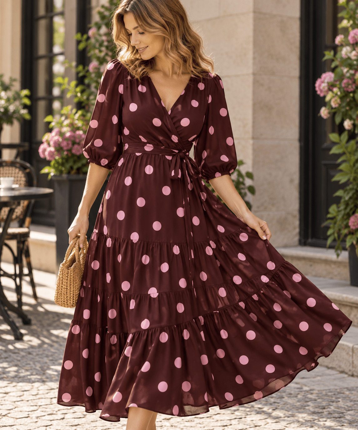 Image with 100% viscose fabric - pink circles on a burgundy background – available online at Šarlotes audumi