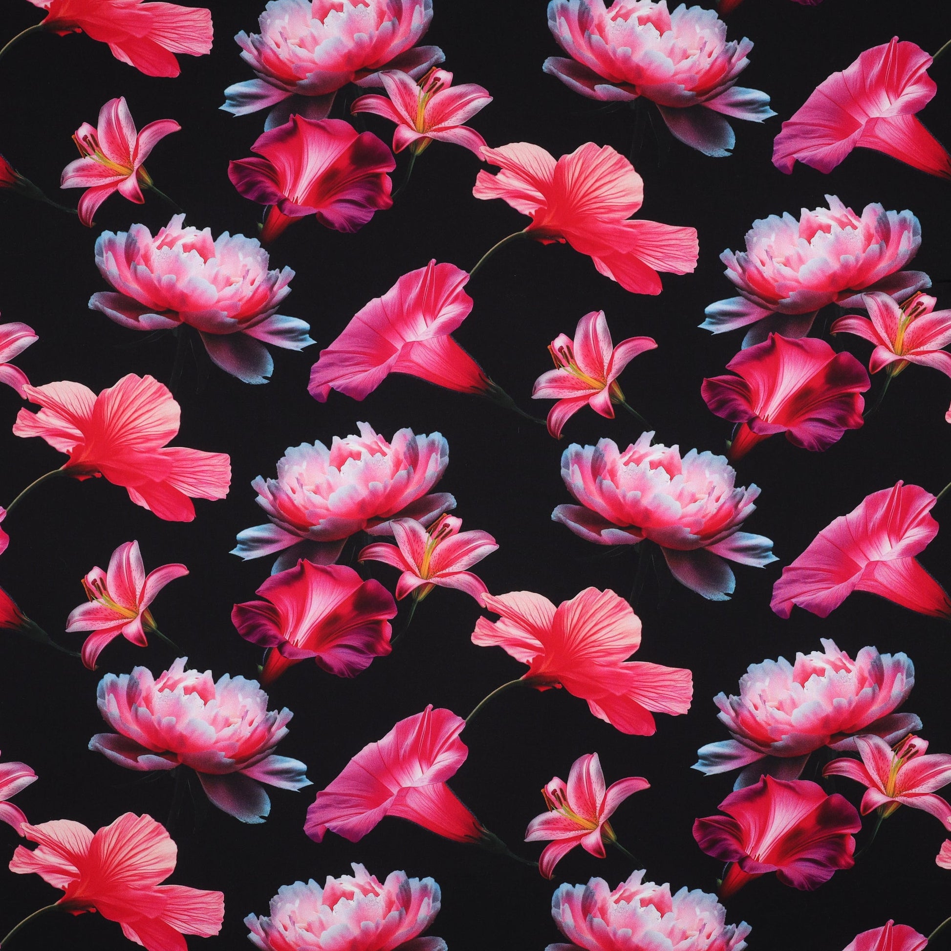 100% Viskozes audums - rozā ziedi uz melna fona 110 g/m²