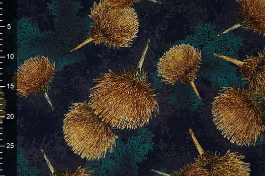 Attēls ar 100% Viskozes audums - zelta pienenes uz tumši zila fona 115 g/m² – pieejams Šarlotes audumi