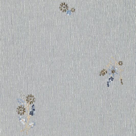 shirt fabric with elastane, blue striped with embroidered beads 135 g/m²