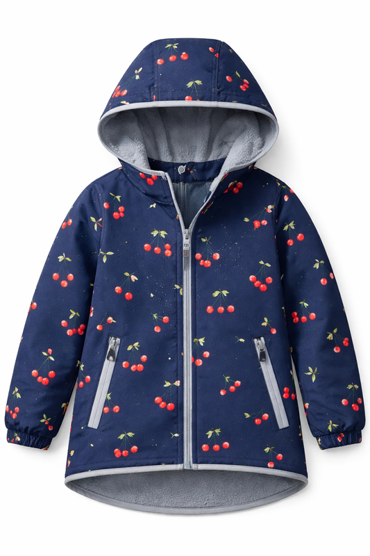 Softshell fabric - cherries on dark blue 300 g/m²