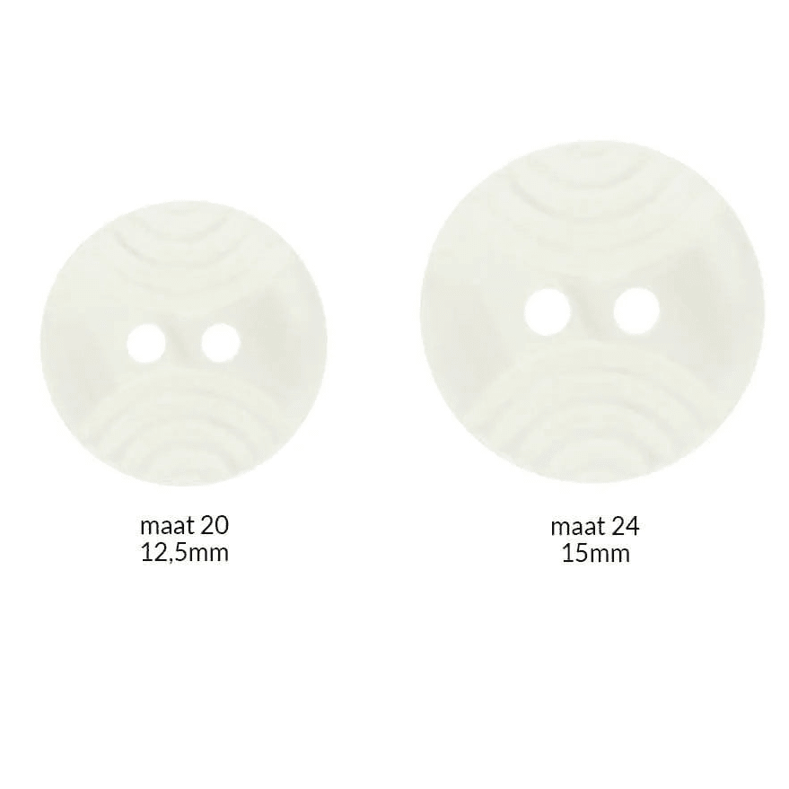 White button with a curved embossed pattern and 2 holes – 12.5 mm and 15 mm – available online at Šarlotes audumi