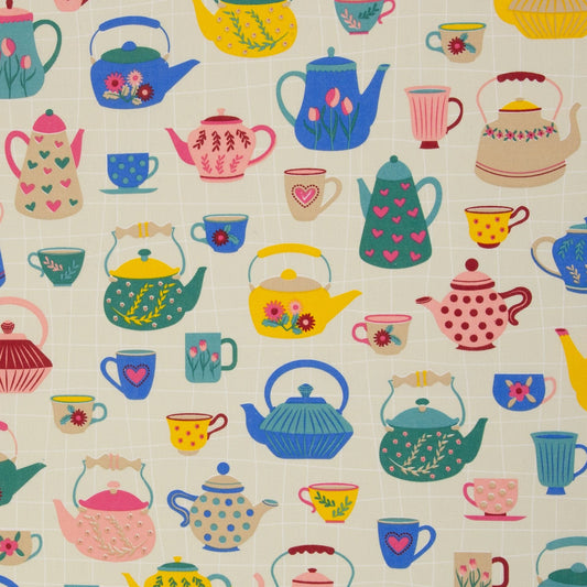 Image of canvas-fabric-colored teapots and cups – available online at Charlotte's Fabrics