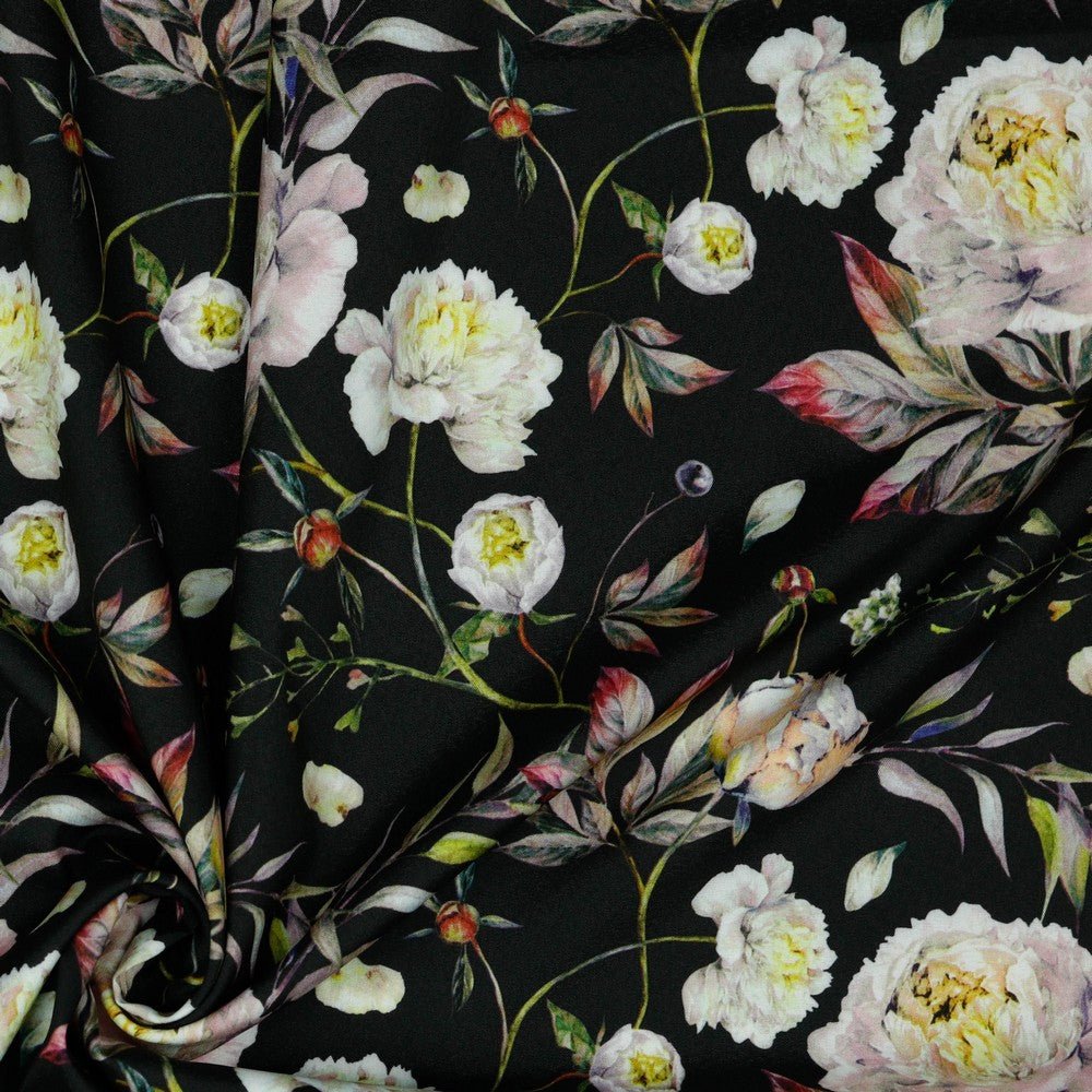 Kleitu audums ar elastānu - peonijas 80 g/m²