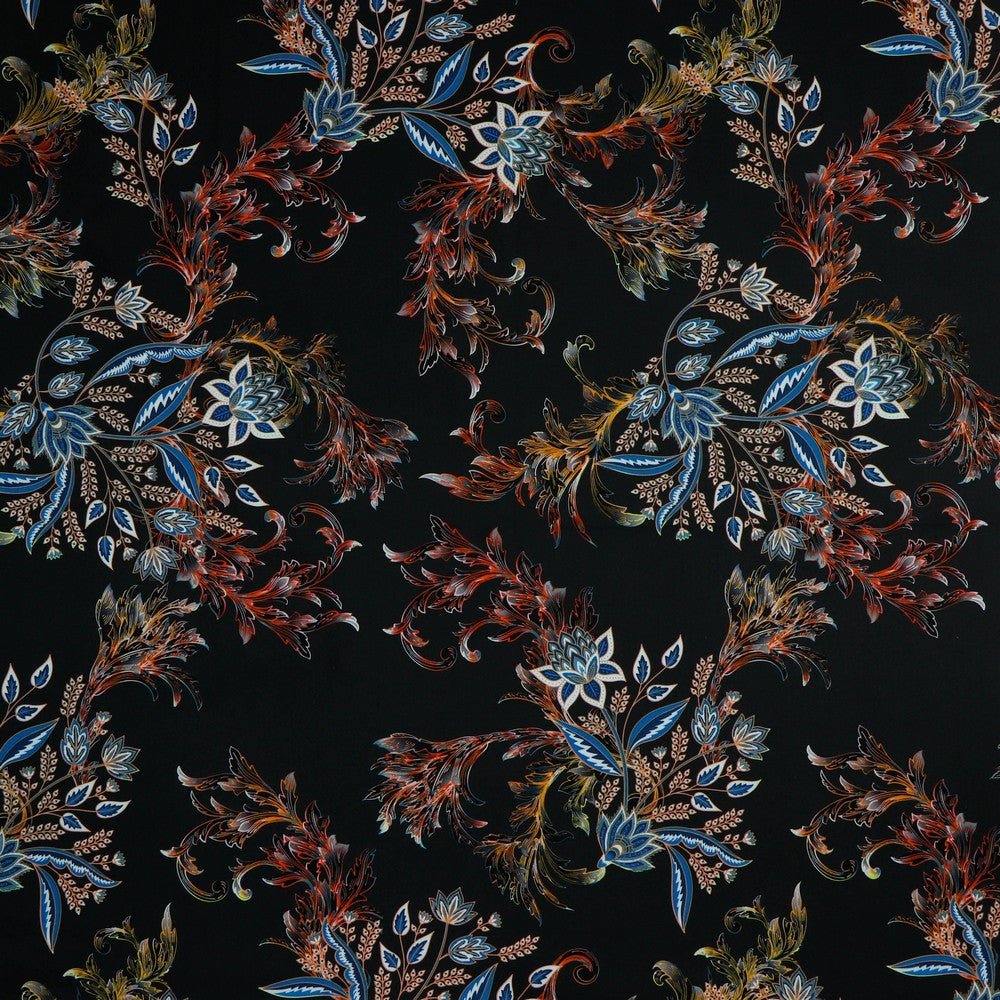 Kleitu audums ar elastānu - raksts uz melna fona 80 g/m²