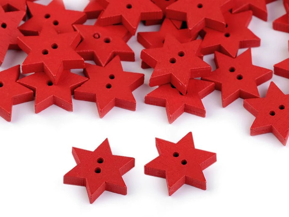 Image of a 15 mm star-shaped wooden button – decorative button with 2 holes – available online at Šarlotes audumi
