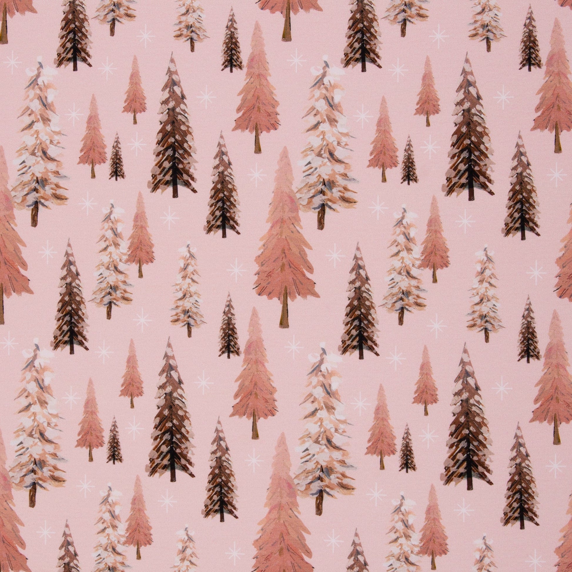 Kokvilnas cilpiņtrikotāža ar siltinājumu - egles uz rozā fona 280 g/m²