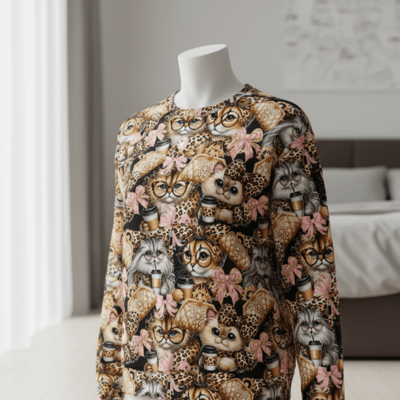 Attēls ar Kokvilnas cilpiņtrikotāža ar siltinājumu - modes kaķi 250 g/m² – pieejams Šarlotes audumi