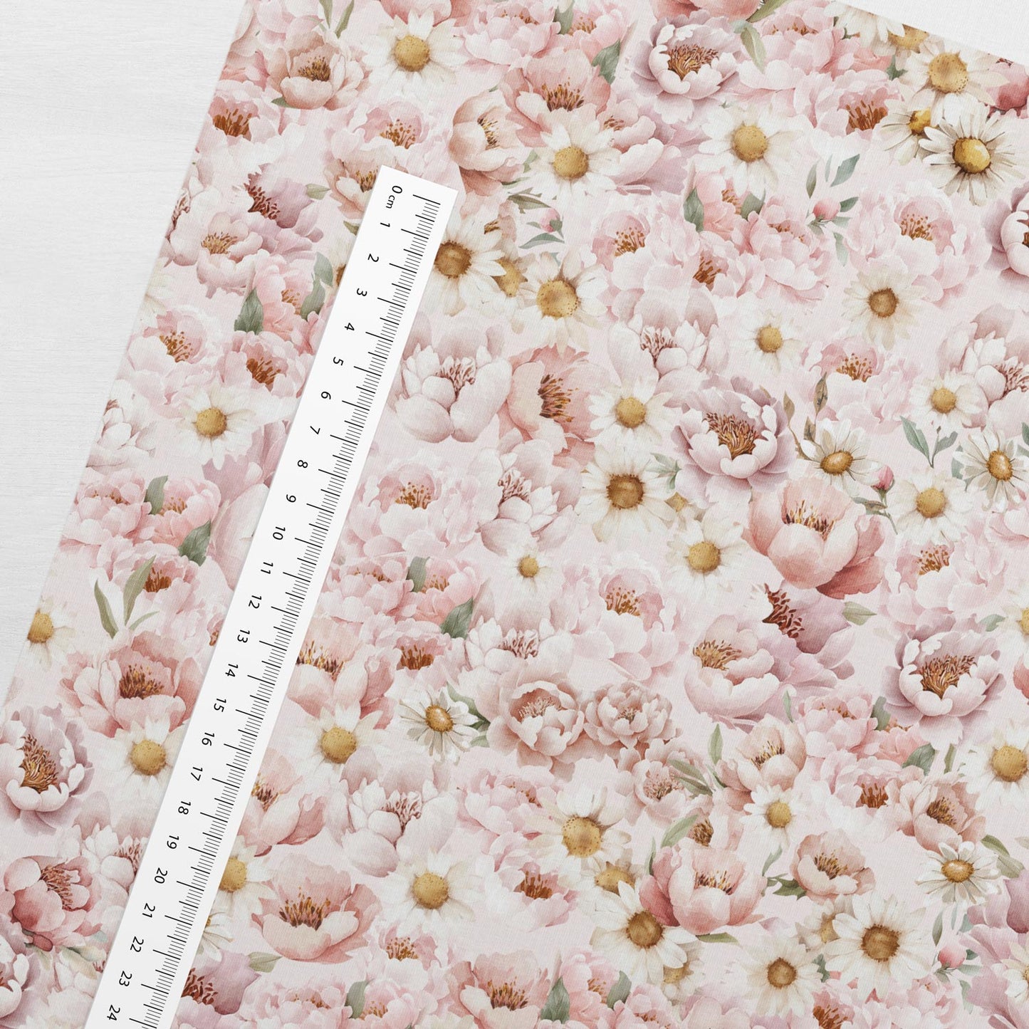 Kokvilnas cilpiņtrikotāža - margrietiņas un peonijas 250 g/m²