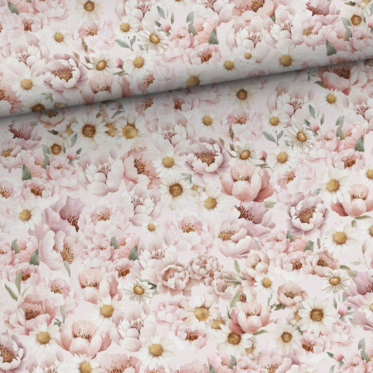 Kokvilnas cilpiņtrikotāža - margrietiņas un peonijas 250 g/m²