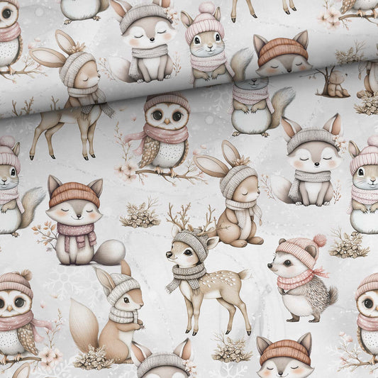 Attēls ar Kokvilnas cilpiņtrikotāža - meža iemītnieki sniegā 250 g/m² – pieejams Šarlotes audumi