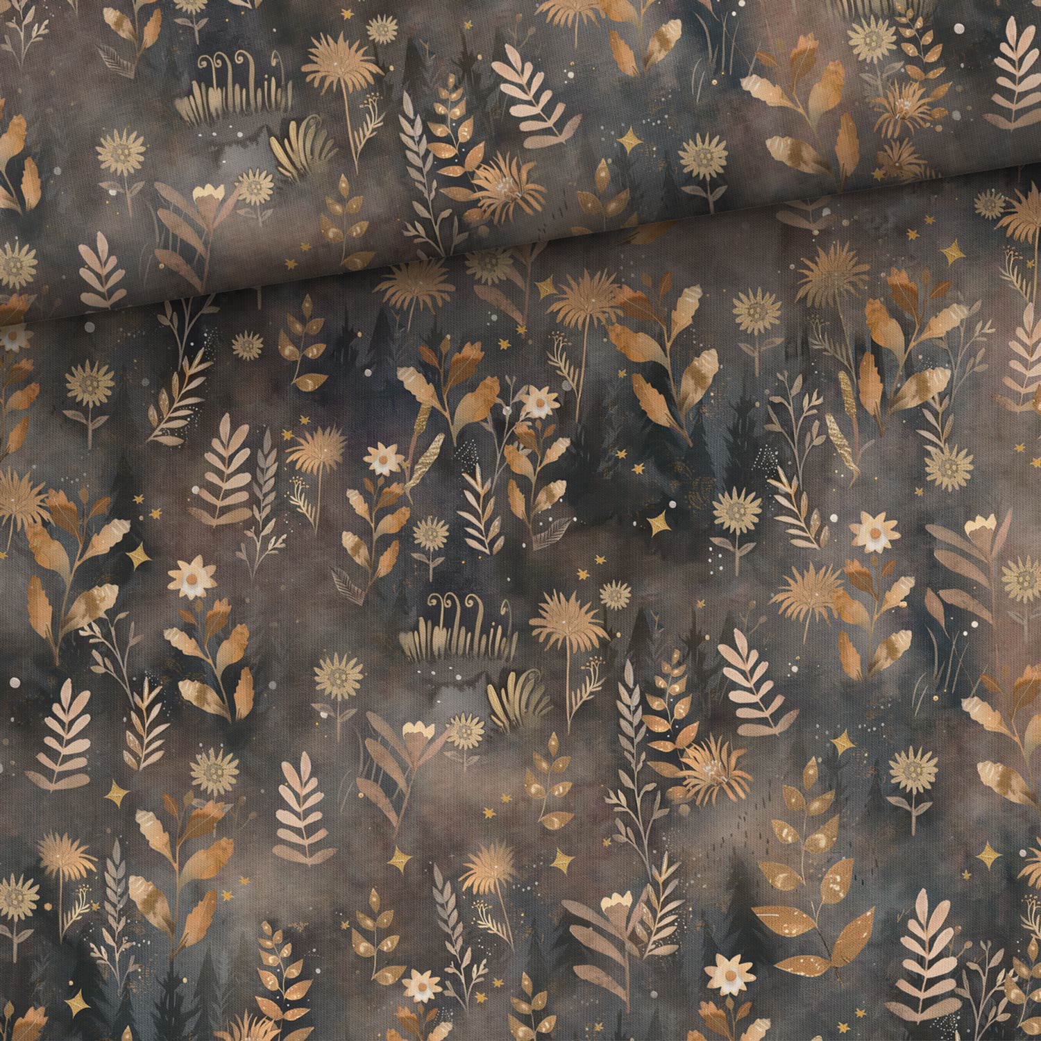 Kokvilnas cilpiņtrikotāža - zeltainie ziedi 250 g/m²