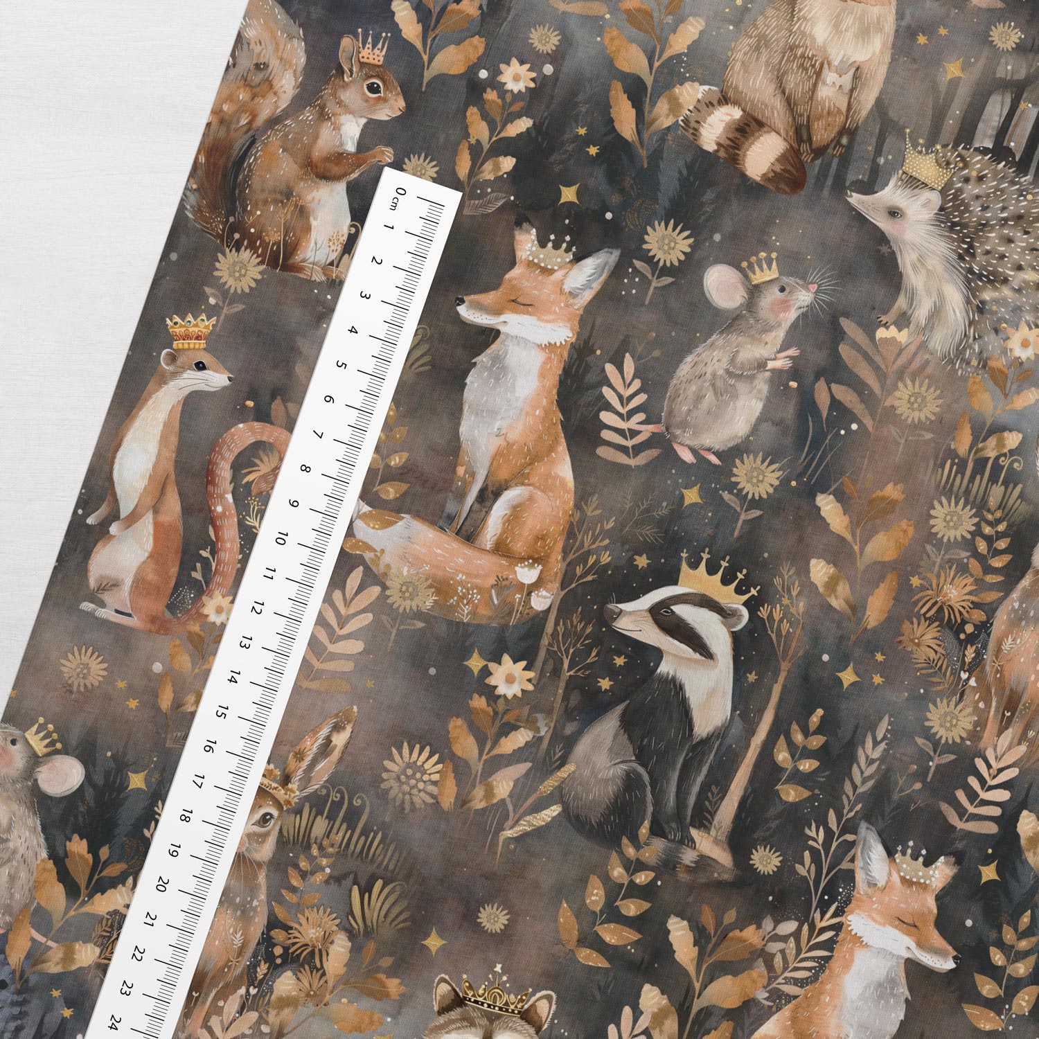 Kokvilnas cilpiņtrikotāža - zeltainie ziedi ar dzīvniekiem 250 g/m²