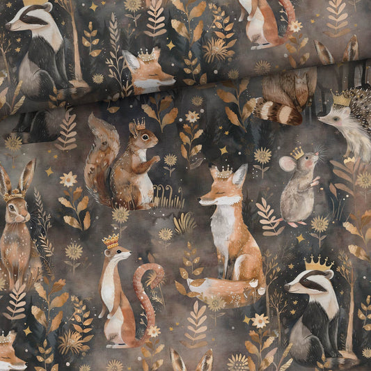 Kokvilnas cilpiņtrikotāža - zeltainie ziedi ar dzīvniekiem 250 g/m²