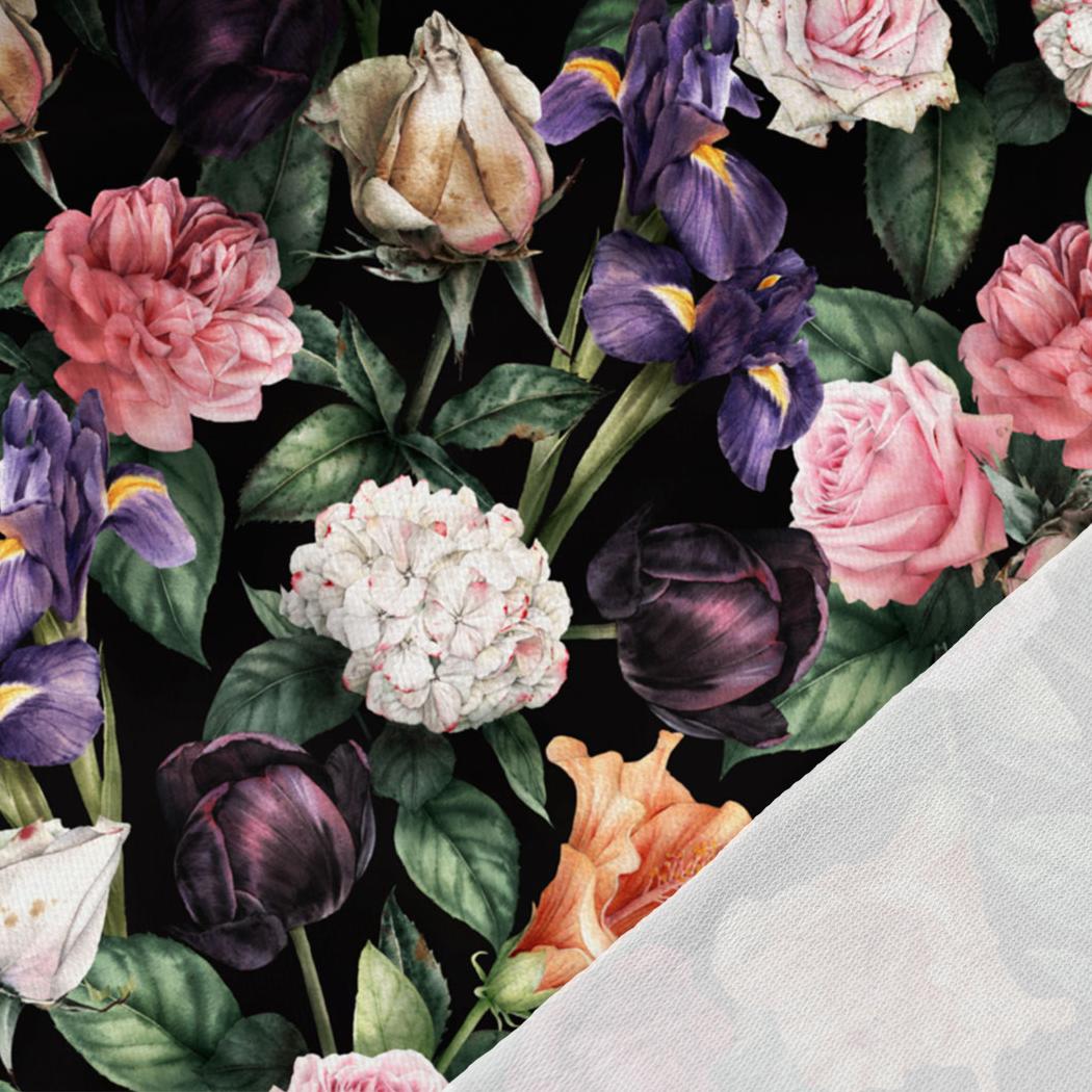 Kokvilnas cilpiņtrikotāža - ziedu motīvs uz tumša fona 250 g/m²