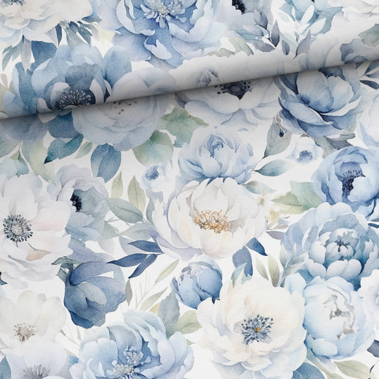 Kokvilnas cilpiņtrikotāža - zili un balti ziedi 250 g/m²