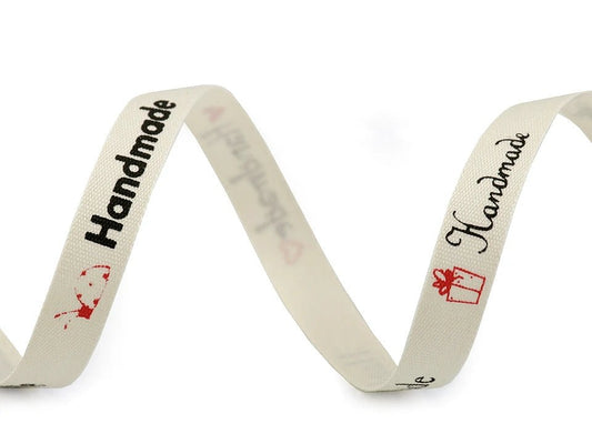 Kokvilnas lente ar uzrakstu Handmade | 10 mm, 22,5 m