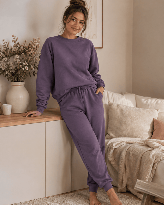 Cotton-lined knitwear in smoky lilac – available online at Charlotte's Fabrics