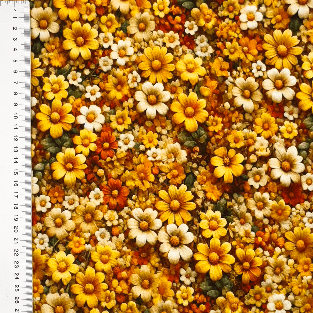 Kokvilnas trikotāža - dzelteni ziedi 200 g/m²