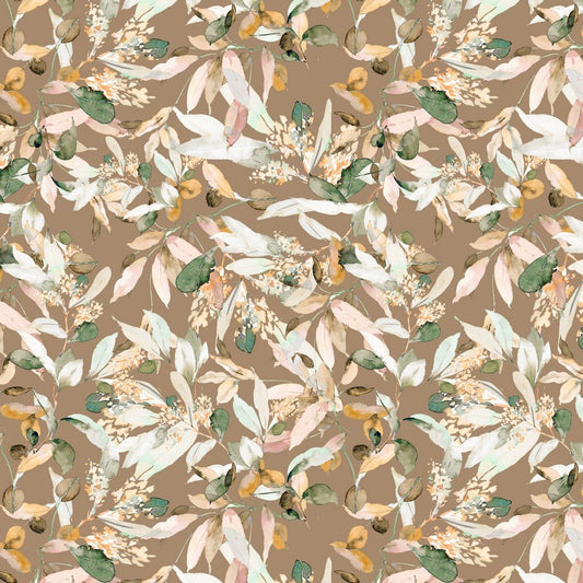 Kokvilnas trikotāža - lapas uz brūngana fona 200 g/m²