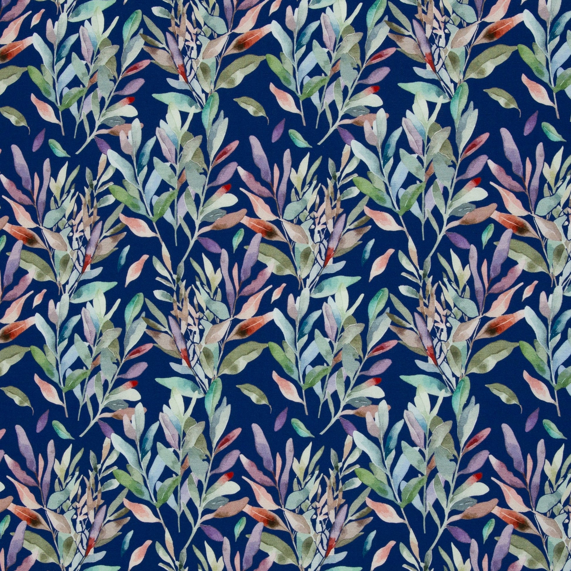 Kokvilnas trikotāža - lapas uz zila fona 200 g/m²