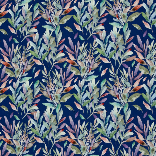 Kokvilnas trikotāža - lapas uz zila fona 200 g/m²