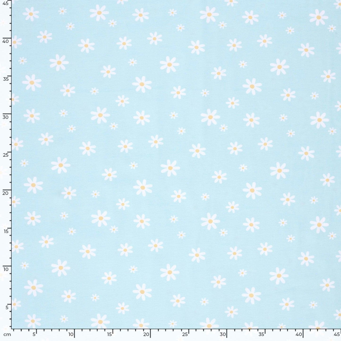 Kokvilnas trikotāža - margrietiņas uz gaiši zila fona 210 g/m²