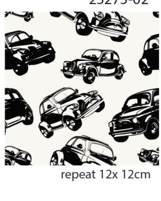 Kokvilnas trikotāža - melni auto uz balta fona 200 g/m²