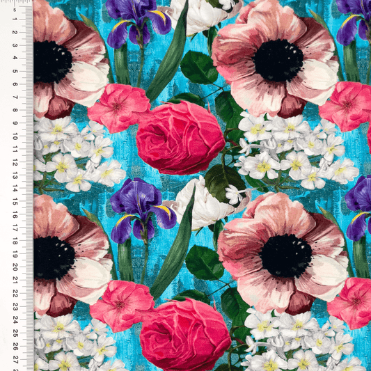 Kokvilnas trikotāža - rozes un īrisi 200 g/m²