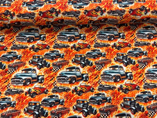 Kokvilnas trikotāža - ugunīgie auto 200 g/m²