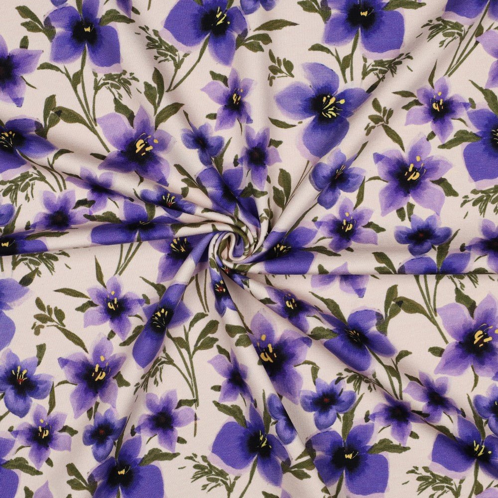 Kokvilnas trikotāža - violetais ziedu sapnis 190 g/m²