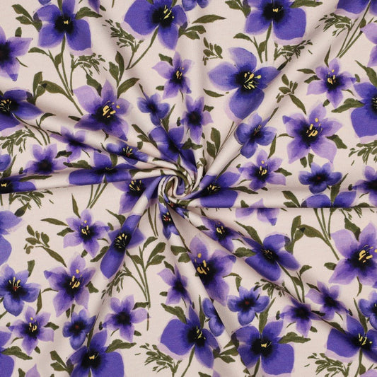 Kokvilnas trikotāža - violetais ziedu sapnis 190 g/m²