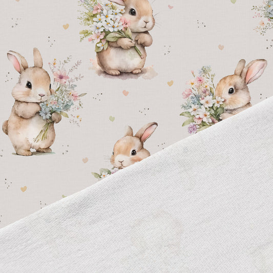 Kokvilnas cilpiņtrikotāža-zaķi ar ziediem 250 g/m²