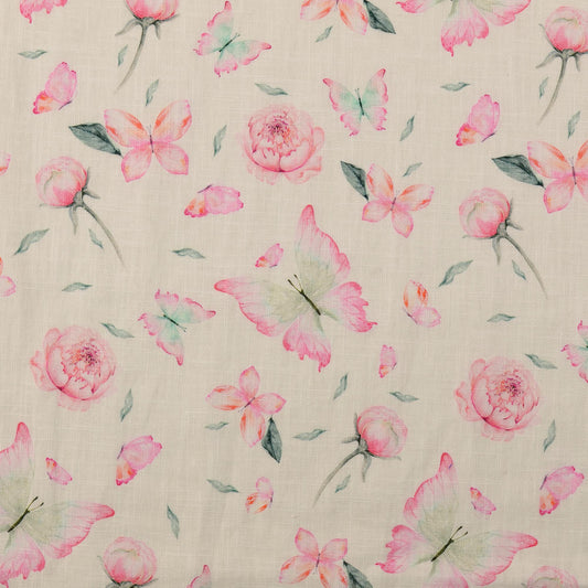 Attēls ar Lins ar viskozi - peonijas un taurenis 220 g/m² – pieejams Šarlotes audumi