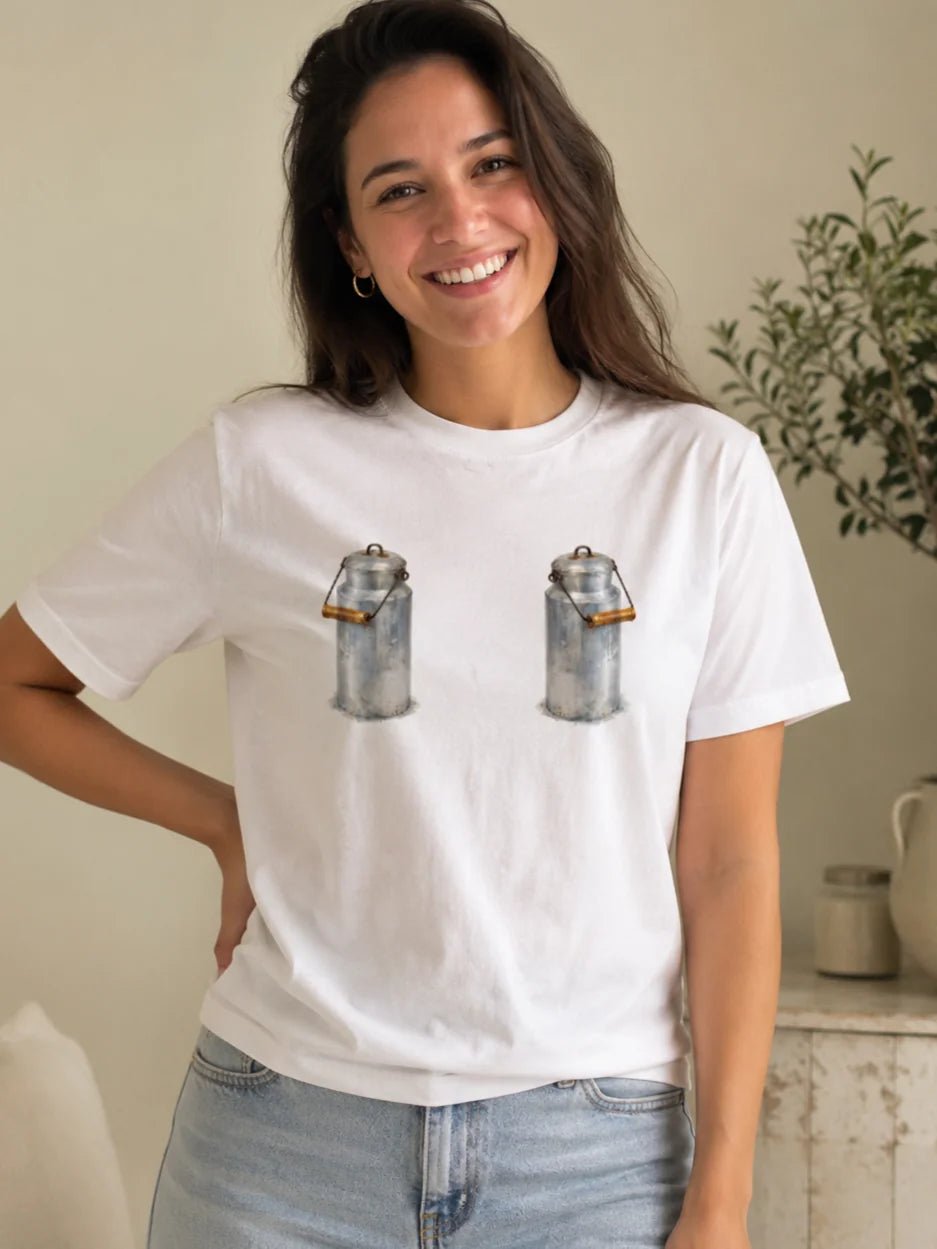 Organic cotton T-shirt "Milk Jugs" available online at Charlotte Fabrics