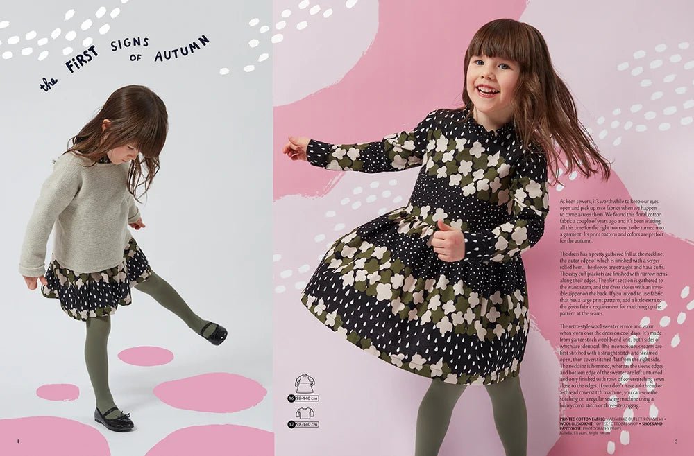 Attēls ar OTTOBRE design Kids 4/2018 – bērnu apģērbu piegrieztņu žurnāls angļu valodā – pieejams internetā Šarlotes audumi