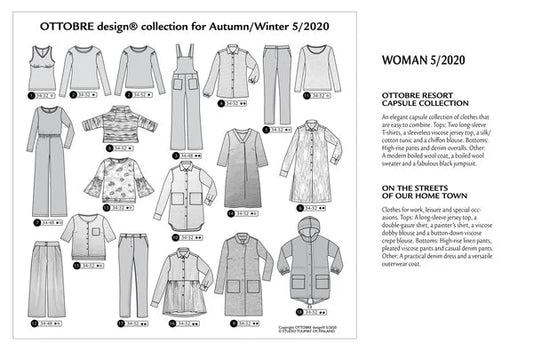 Attēls ar OTTOBRE design Woman 5/2020 – sieviešu apģērbu piegrieztņu žurnāls angļu valodā – pieejams internetā Šarlotes audumi