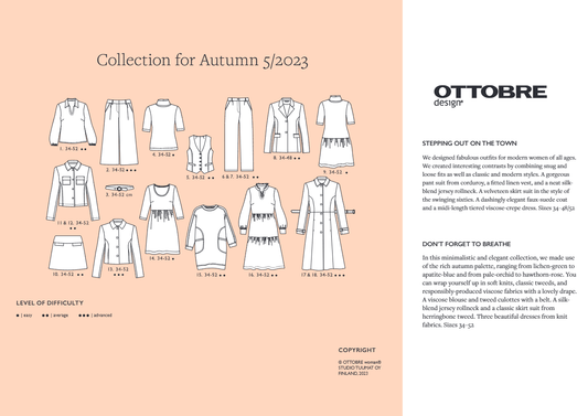 Attēls ar OTTOBRE design Woman 5/2023 – sieviešu apģērbu piegrieztņu žurnāls angļu valodā – pieejams internetā Šarlotes audumi