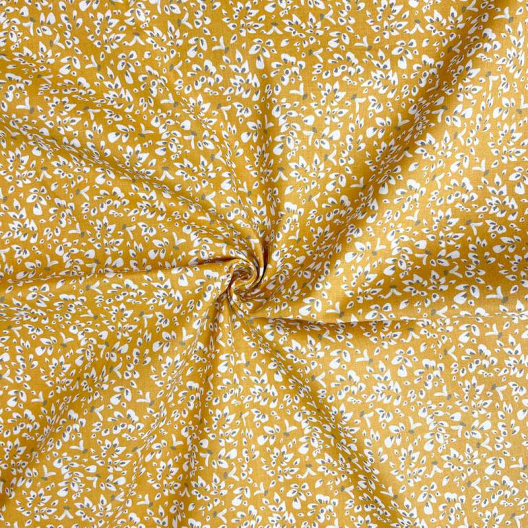 100% cotton fabric - delicate leaf pattern on a yellow background 115 g/m²