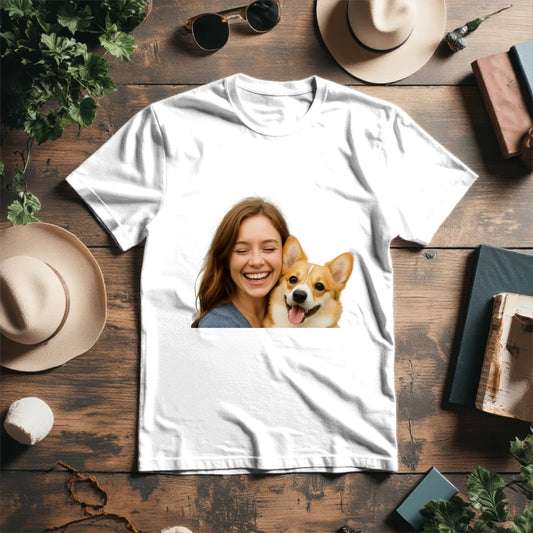 Attēls ar Personalizēts T - krekls ar tavu un mīluļa foto – pieejams Šarlotes audumi