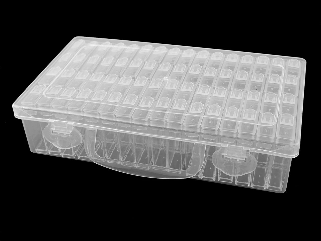 Plastmasas organizators ar 64 kastītēm un alfabēta marķējumu
