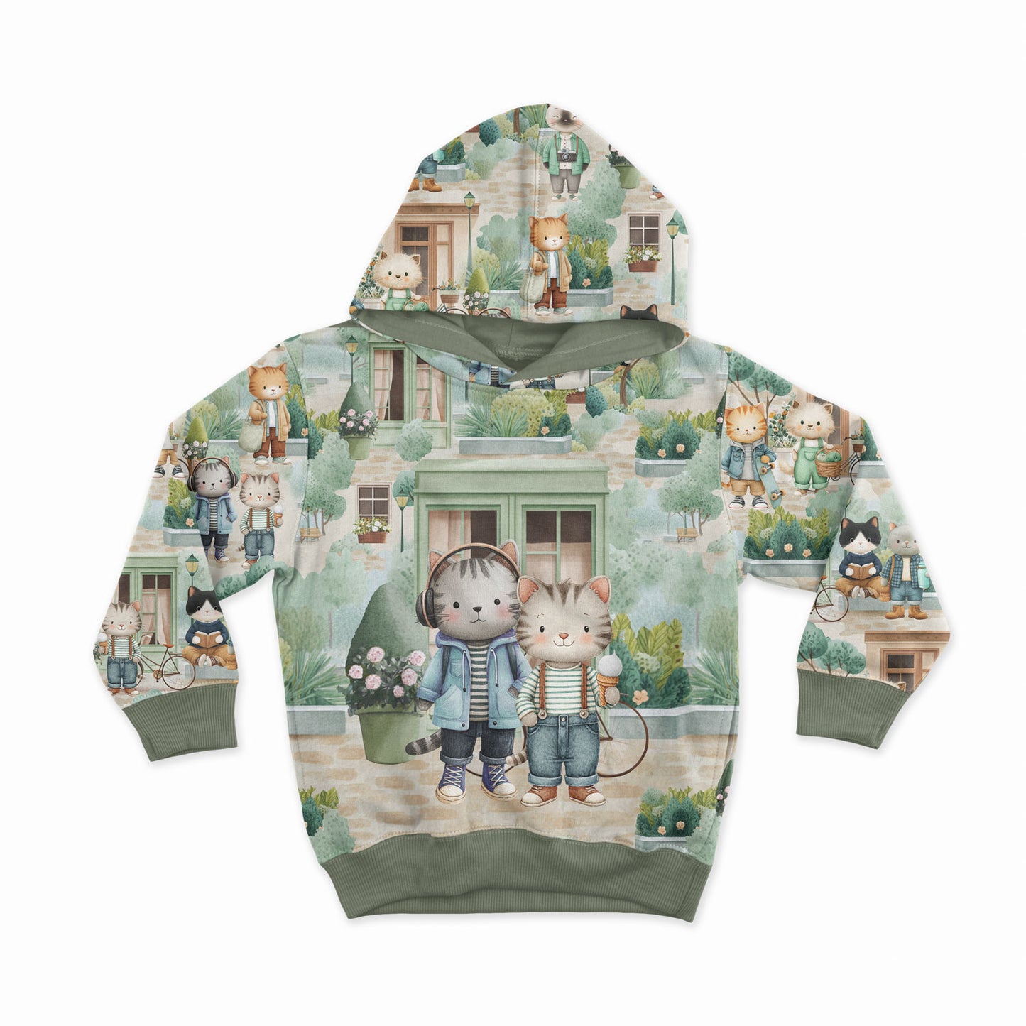 Medvilninė kilpinė trikotažo medžiaga – kačių gyvenimas mieste 250 g/m²