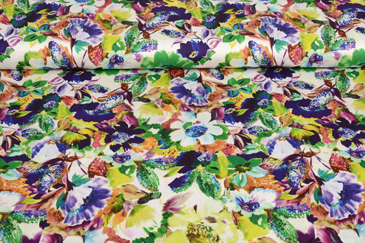 Satīns ar elastānu - angļu dārza ziedi 80 g/m²